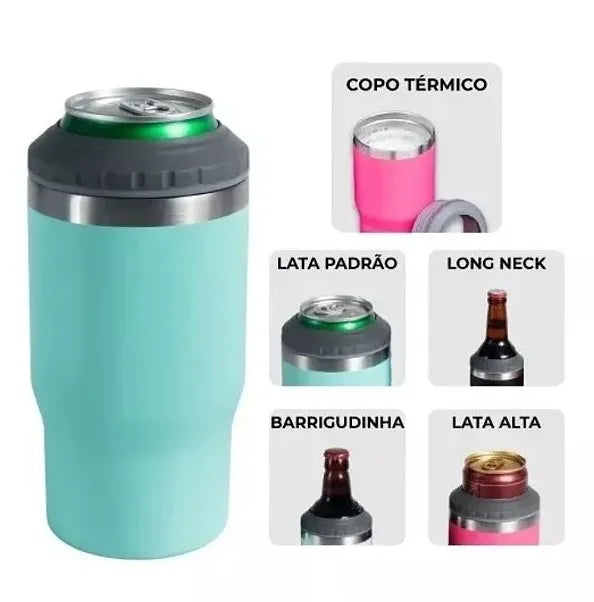 🍺 Copo Térmico 5 em 1 – Compatível com Latinha, Long Neck, Barrigudinha e Lata Alta (400mL) + Abridor