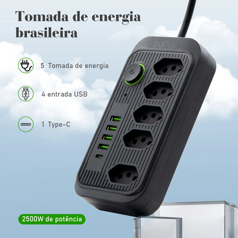 🔌 Tomada de Extensão com Filtro de Linha e Soquete USB – 100-220V, 10A, Segurança e Versatilidade