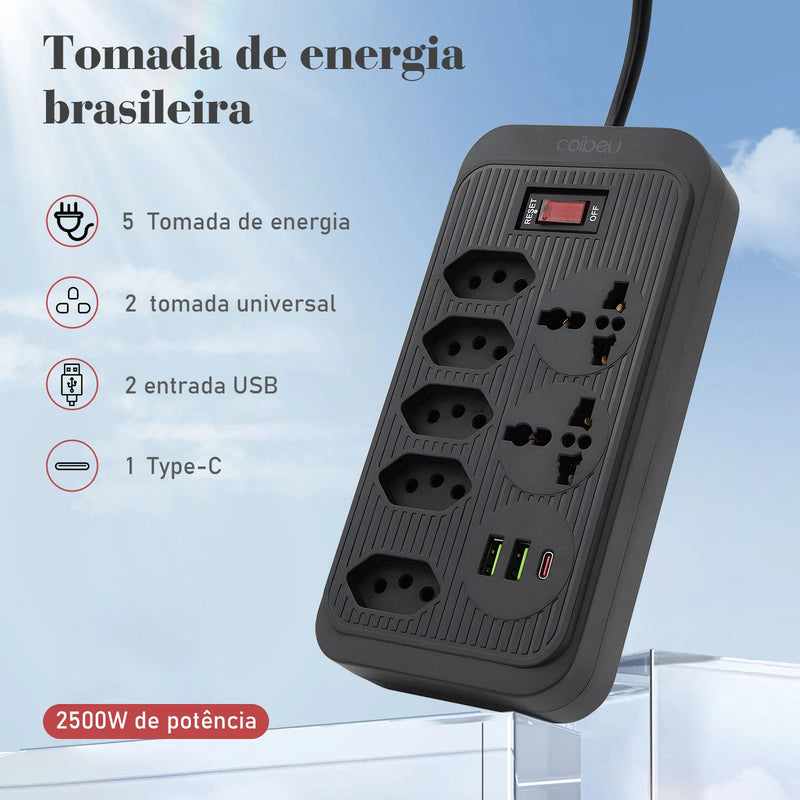 🔌 Tomada de Extensão com Filtro de Linha e Soquete USB – 100-220V, 10A, Segurança e Versatilidade