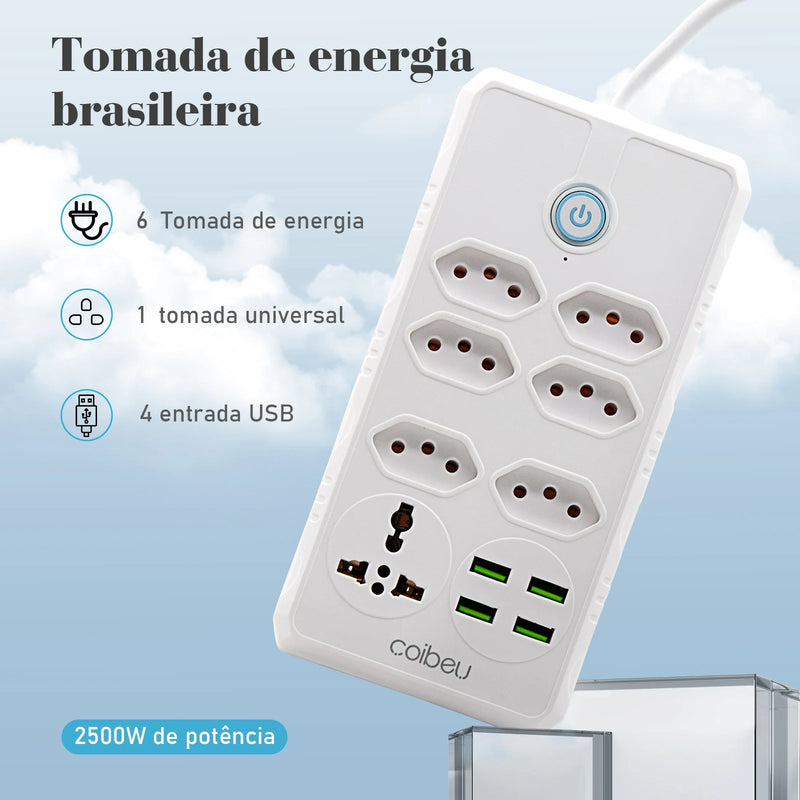 🔌 Tomada de Extensão com Filtro de Linha e Soquete USB – 100-220V, 10A, Segurança e Versatilidade