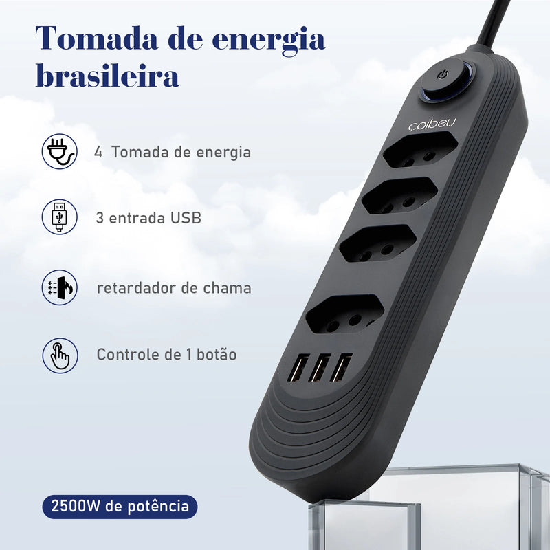 🔌 Tomada de Extensão com Filtro de Linha e Soquete USB – 100-220V, 10A, Segurança e Versatilidade